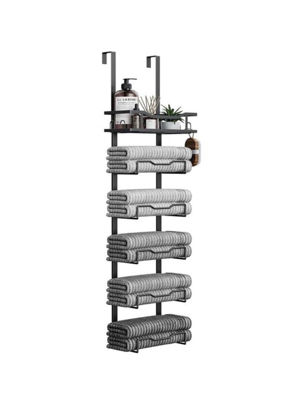 Over Door Towel Rack Bathroom Hanging Organizer 6 Tier Storage No Drill Black